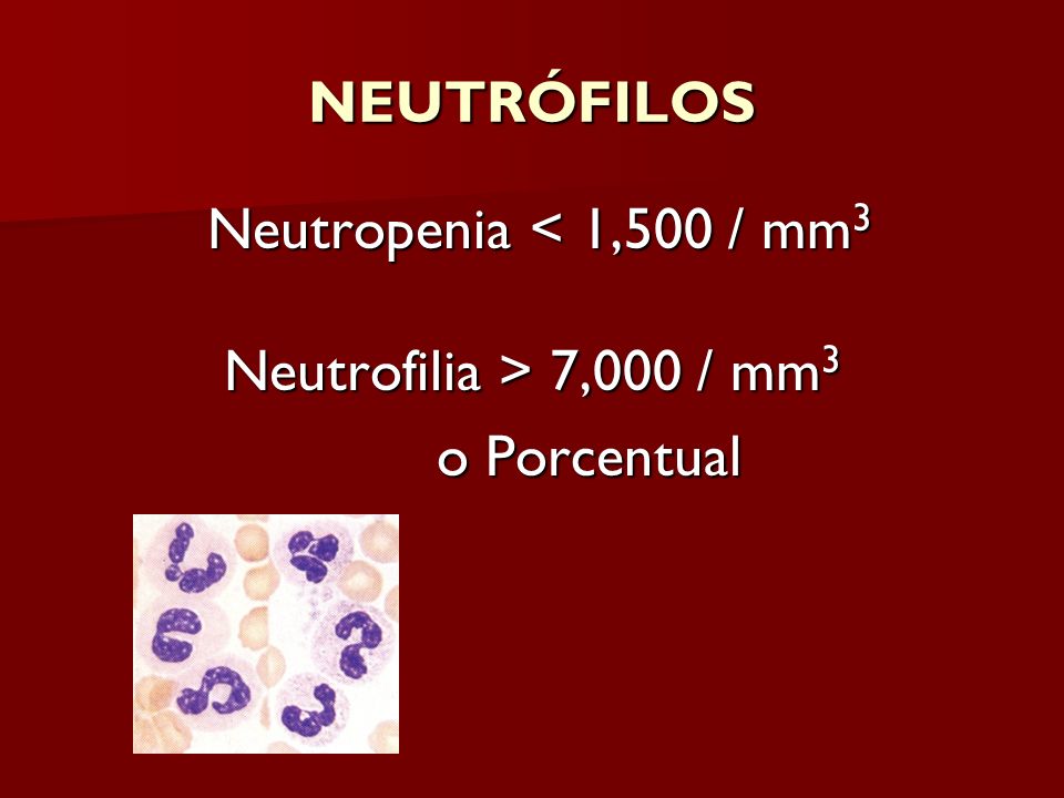 NEUTRÓFILOS Neutrofilia > 7,000 / mm3 o Porcentual