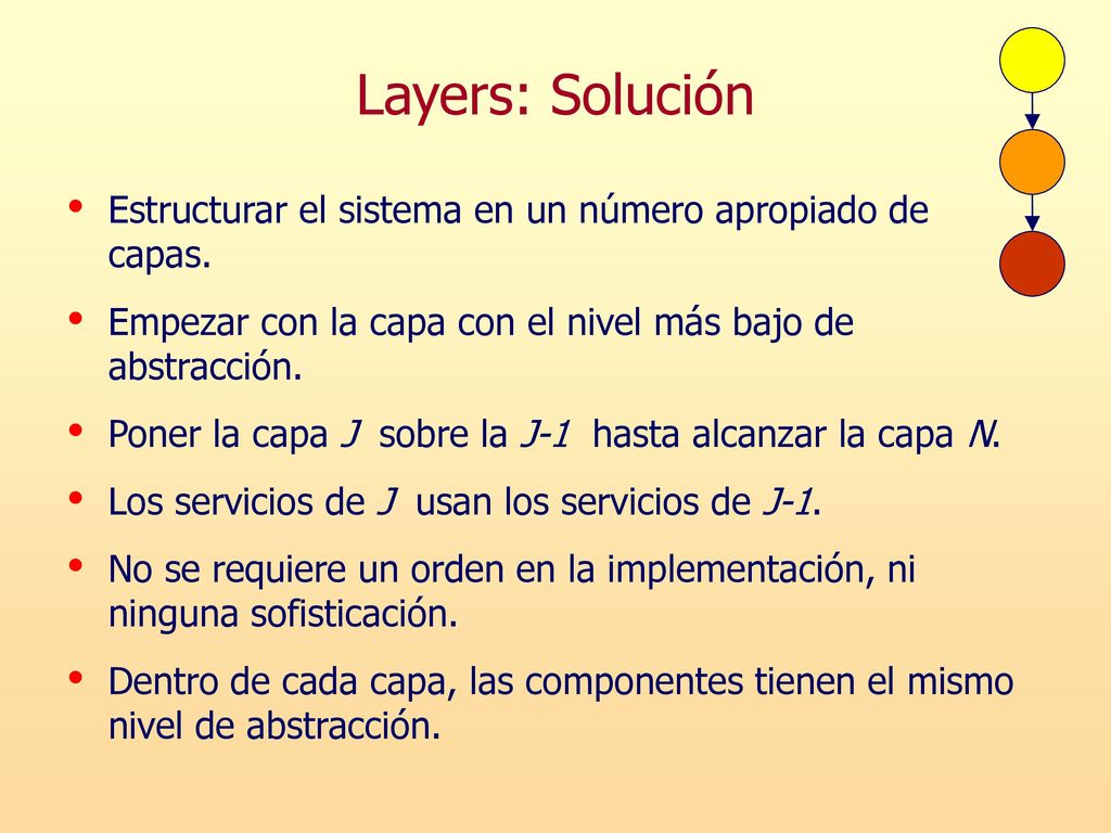 Layers: Solución Estructurar el sistema en un número apropiado de capas. Empezar con la capa con el nivel más bajo de abstracción.
