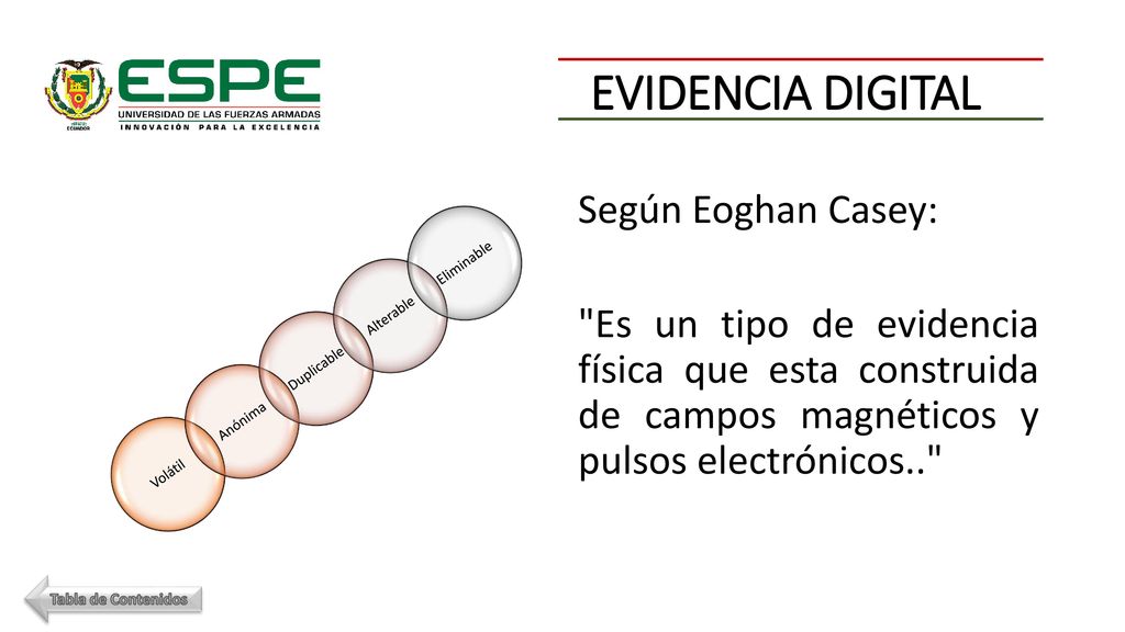 EVIDENCIA DIGITAL Según Eoghan Casey: Es un tipo de evidencia física que esta construida de campos magnéticos y pulsos electrónicos..