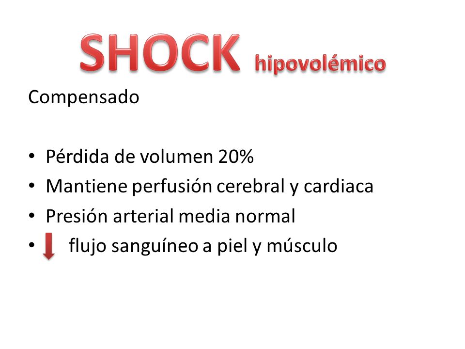 SHOCK hipovolémico Compensado Pérdida de volumen 20%