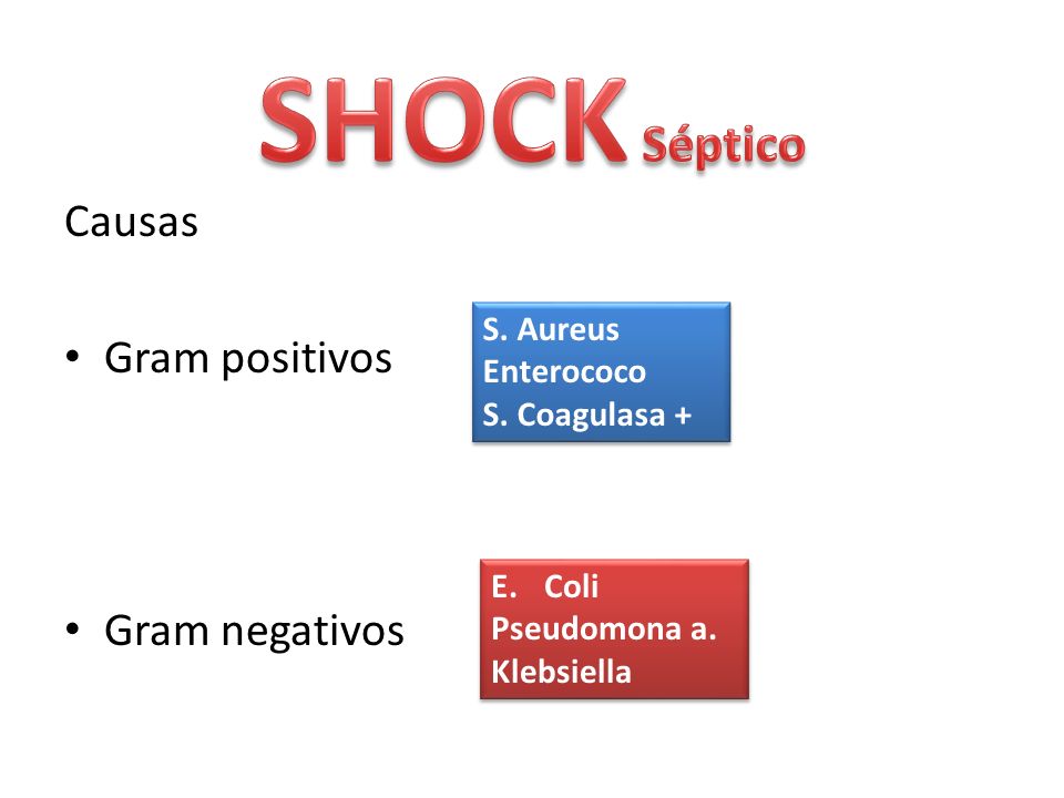 SHOCK Séptico Causas Gram positivos Gram negativos S. Aureus