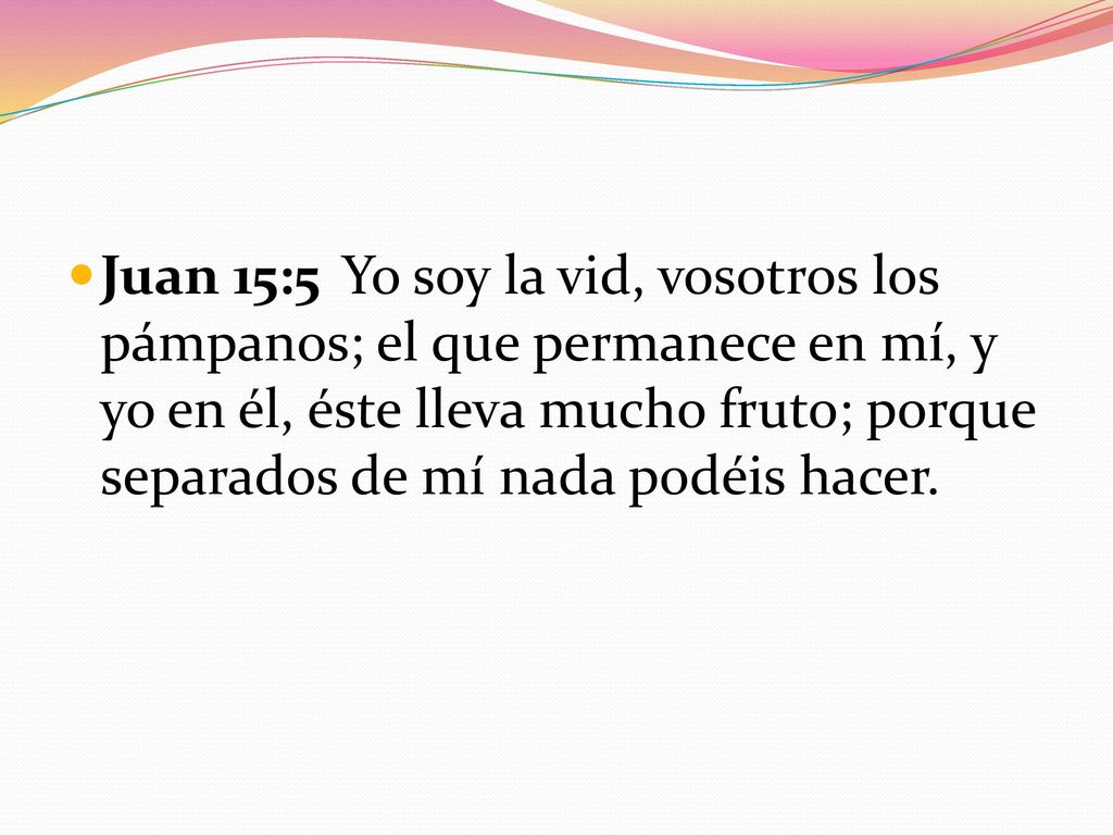 Juan 15:5 Yo soy la vid, vosotros los pámpanos; el que permanece en mí, y yo en él, éste lleva mucho fruto; porque separados de mí nada podéis hacer.
