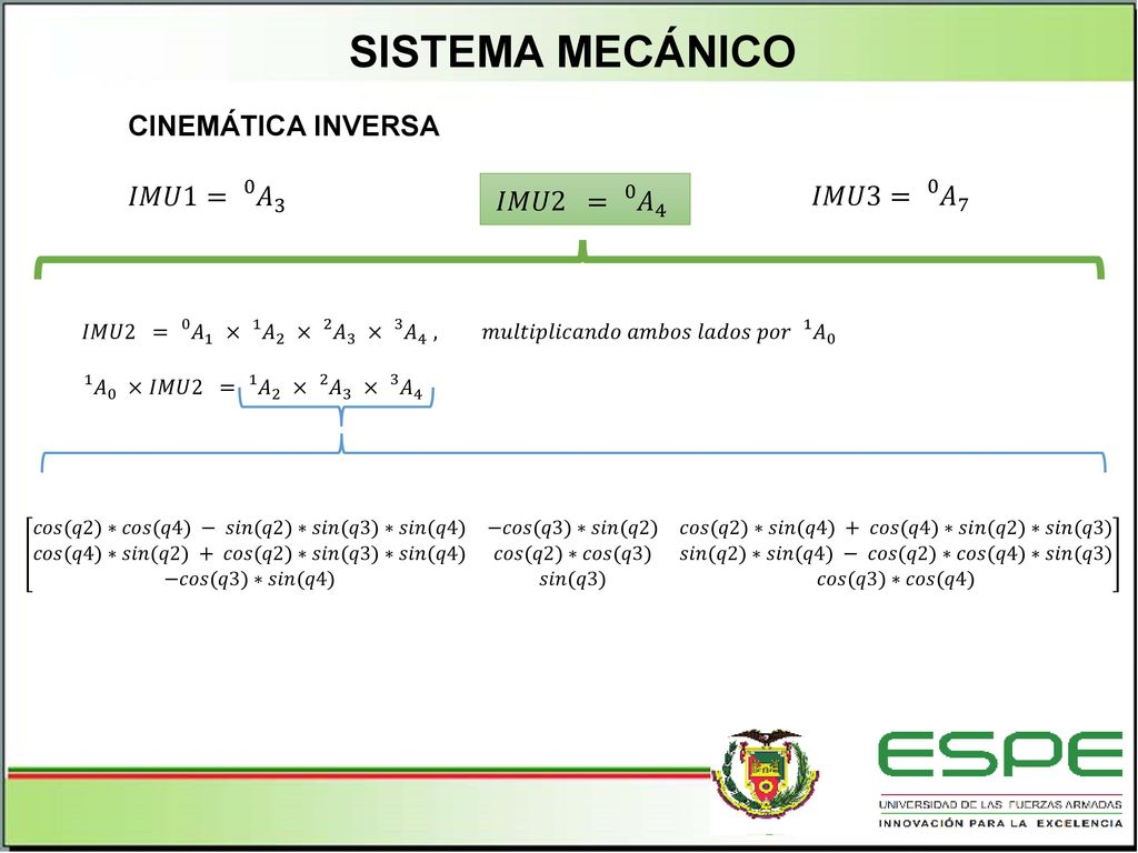 SISTEMA MECÁNICO CINEMÁTICA INVERSA 𝐼𝑀𝑈1= 0 𝐴 3 𝐼𝑀𝑈3= 0 𝐴 7