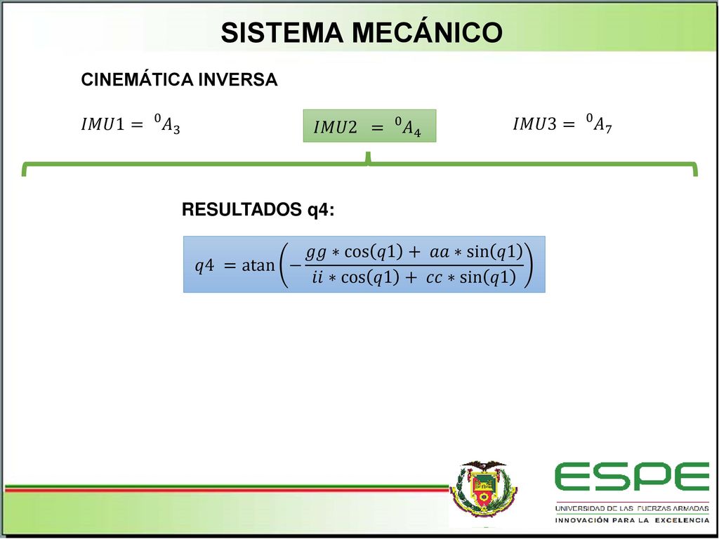 SISTEMA MECÁNICO CINEMÁTICA INVERSA 𝐼𝑀𝑈1= 0 𝐴 3 𝐼𝑀𝑈3= 0 𝐴 7