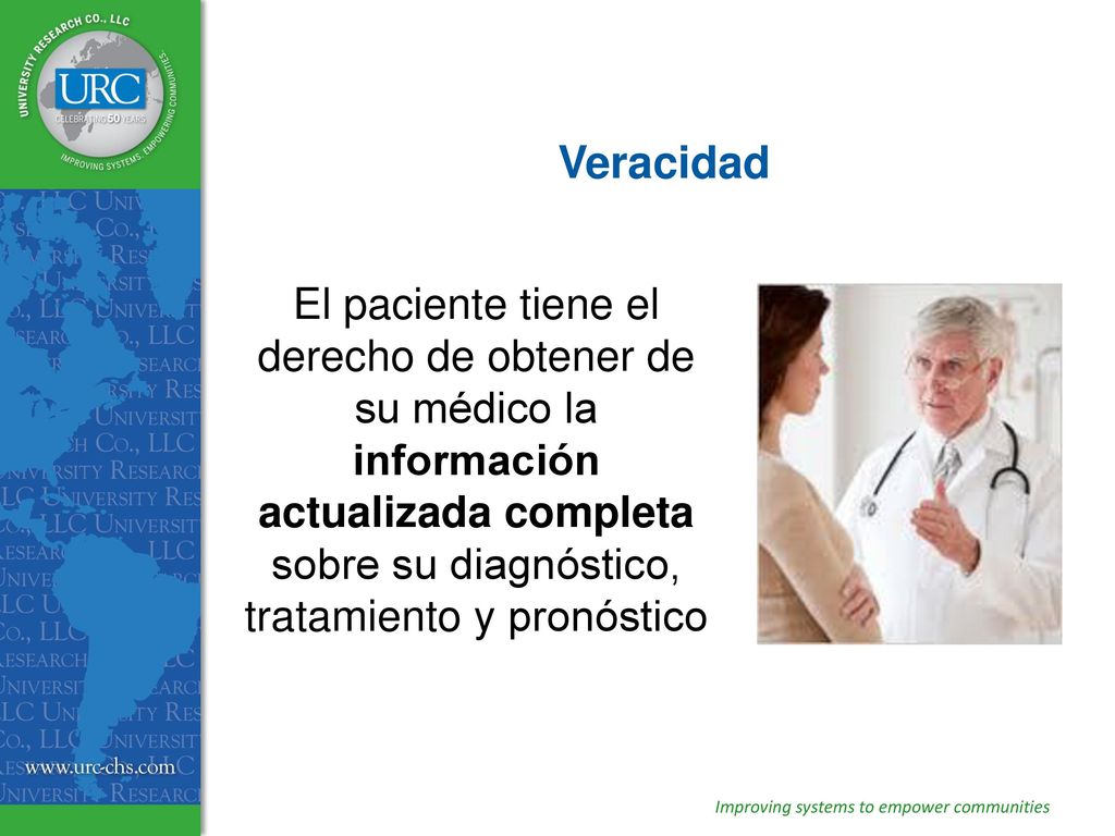 Veracidad El paciente tiene el derecho de obtener de su médico la información actualizada completa sobre su diagnóstico, tratamiento y pronóstico.