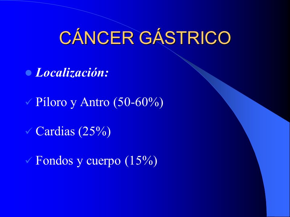 CÁNCER GÁSTRICO Localización: Píloro y Antro (50-60%) Cardias (25%)