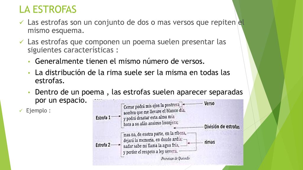 LA ESTROFAS Las estrofas son un conjunto de dos o mas versos que repiten el mismo esquema.