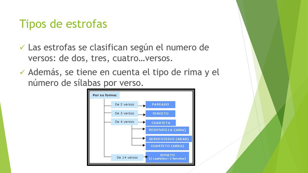 Tipos de estrofas Las estrofas se clasifican según el numero de versos: de dos, tres, cuatro…versos.