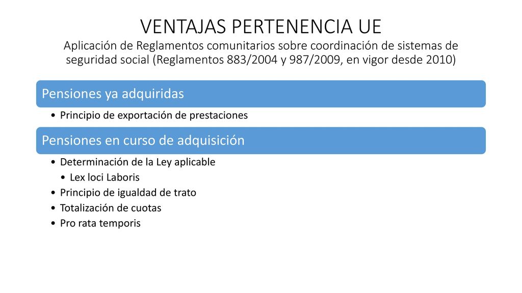 VENTAJAS PERTENENCIA UE Aplicación de Reglamentos comunitarios sobre coordinación de sistemas de seguridad social (Reglamentos 883/2004 y 987/2009, en vigor desde 2010)
