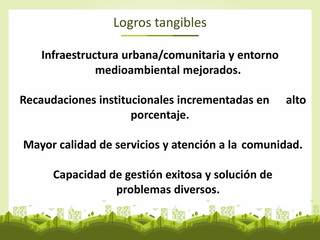 Logros tangibles Infraestructura urbana/comunitaria y entorno medioambiental mejorados.