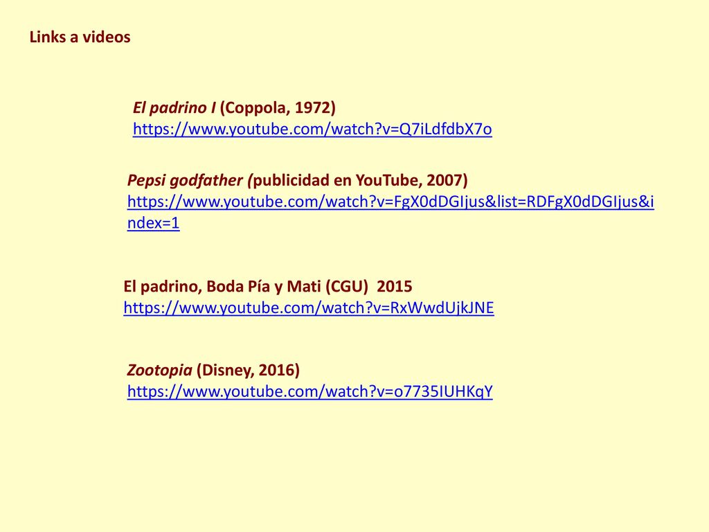 Links a videos El padrino I (Coppola, 1972)   v=Q7iLdfdbX7o. Pepsi godfather (publicidad en YouTube, 2007)