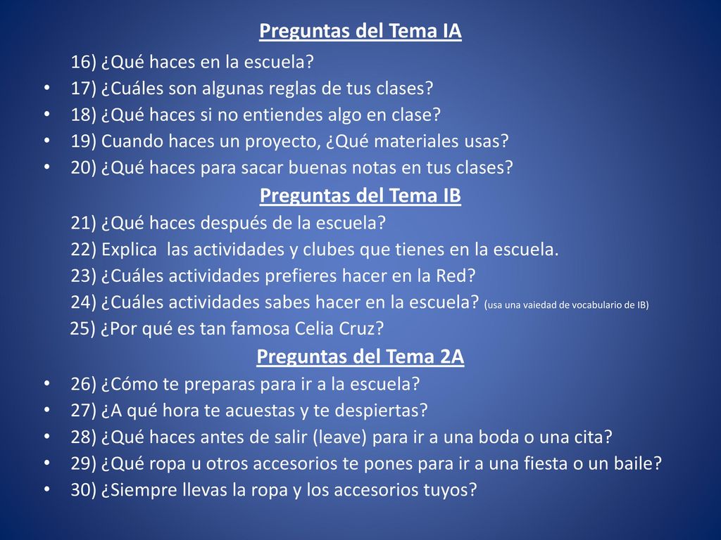 Preguntas del Tema IA Preguntas del Tema IB Preguntas del Tema 2A