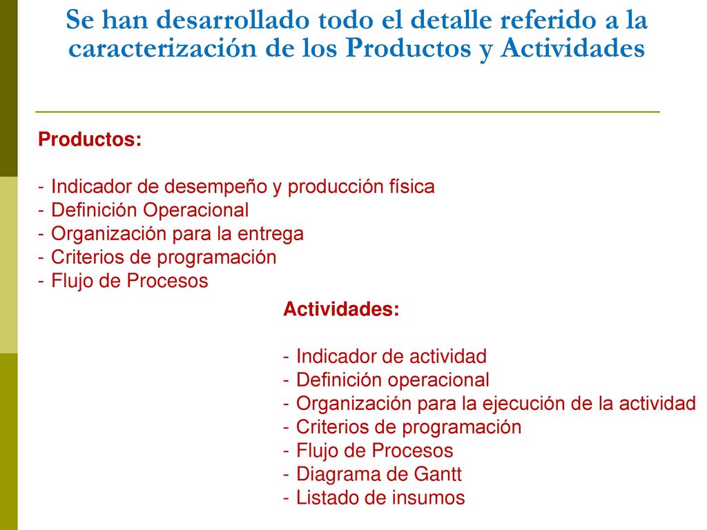 Se han desarrollado todo el detalle referido a la caracterización de los Productos y Actividades