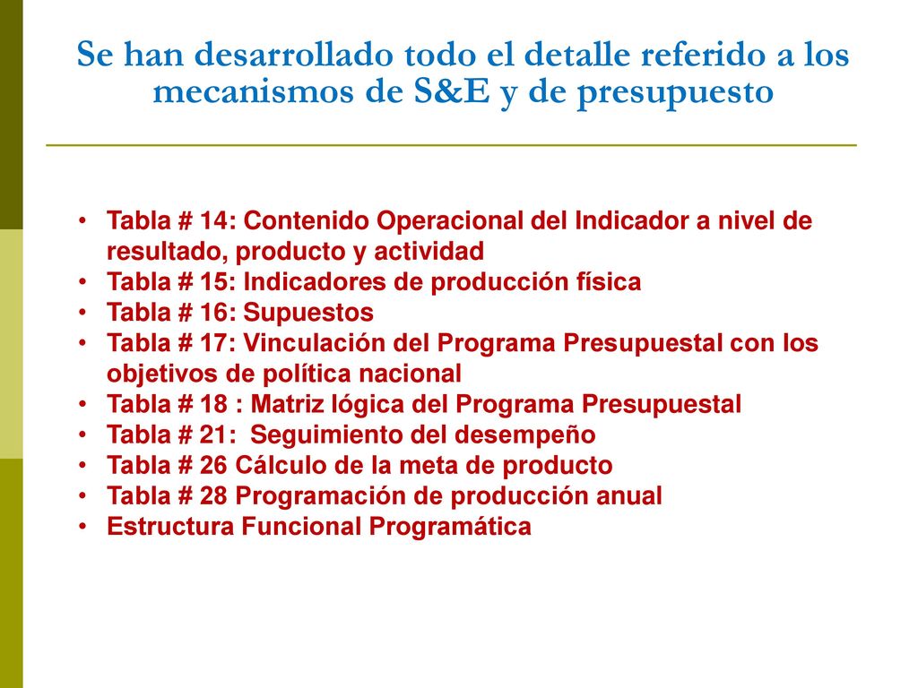 Se han desarrollado todo el detalle referido a los mecanismos de S&E y de presupuesto