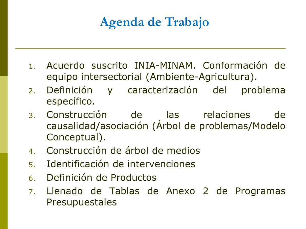 Agenda de Trabajo Acuerdo suscrito INIA-MINAM. Conformación de equipo intersectorial (Ambiente-Agricultura).