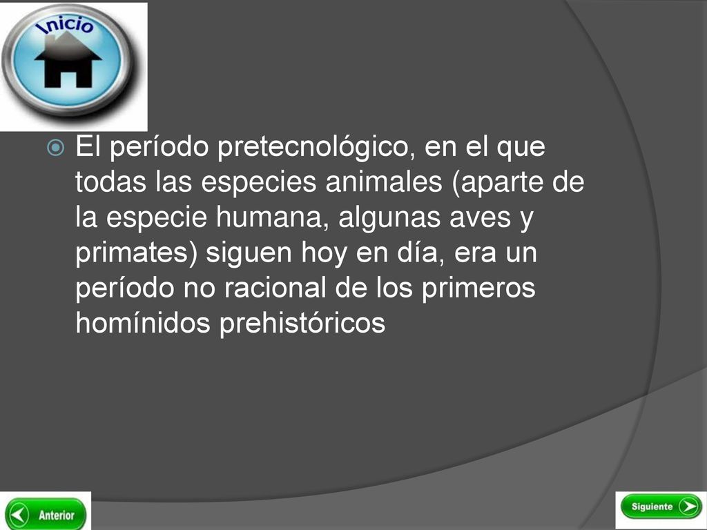 El período pretecnológico, en el que todas las especies animales (aparte de la especie humana, algunas aves y primates) siguen hoy en día, era un período no racional de los primeros homínidos prehistóricos