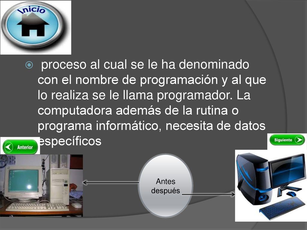 proceso al cual se le ha denominado con el nombre de programación y al que lo realiza se le llama programador. La computadora además de la rutina o programa informático, necesita de datos específicos