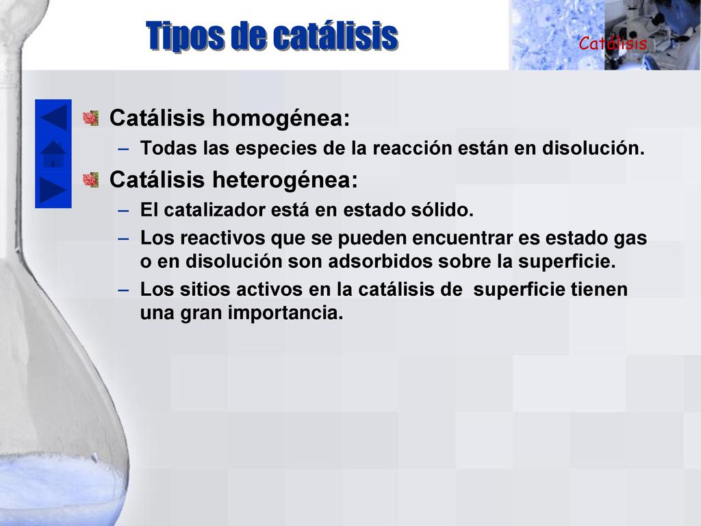 Tipos de catálisis Catálisis homogénea: Catálisis heterogénea: