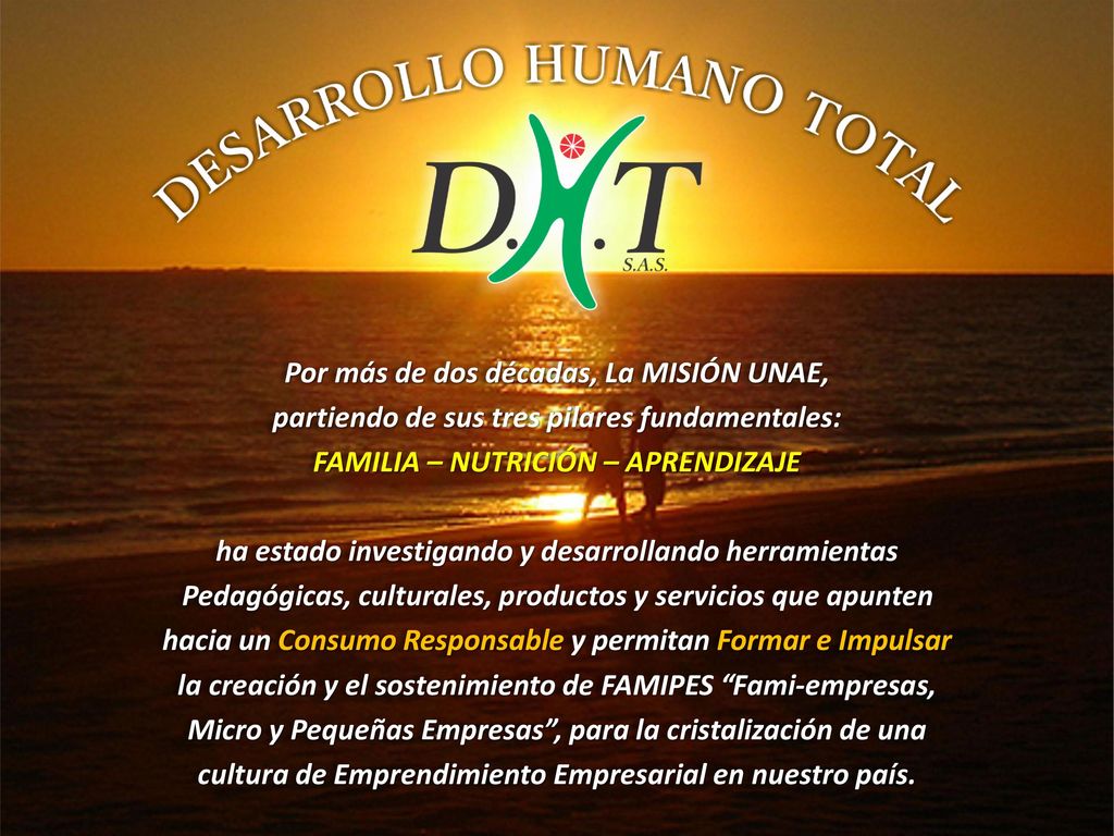 Por más de dos décadas, La MISIÓN UNAE, partiendo de sus tres pilares fundamentales: FAMILIA – NUTRICIÓN – APRENDIZAJE ha estado investigando y desarrollando herramientas Pedagógicas, culturales, productos y servicios que apunten hacia un Consumo Responsable y permitan Formar e Impulsar la creación y el sostenimiento de FAMIPES Fami-empresas, Micro y Pequeñas Empresas , para la cristalización de una cultura de Emprendimiento Empresarial en nuestro país.