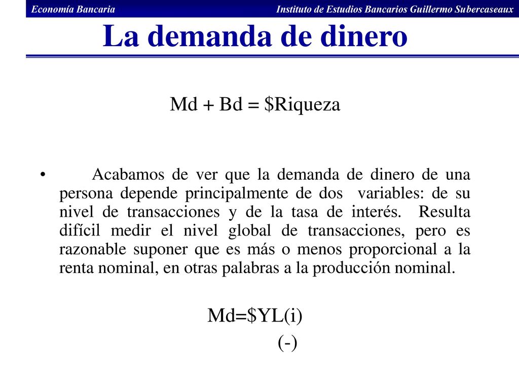 La demanda de dinero Md + Bd = $Riqueza Md=$YL(i) (-)