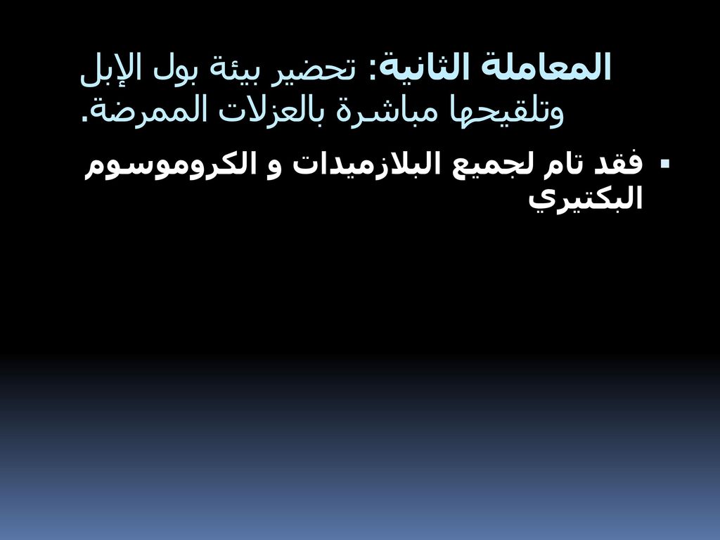 المعاملة الثانية: تحضير بيئة بول الإبل وتلقيحها مباشرة بالعزلات الممرضة.