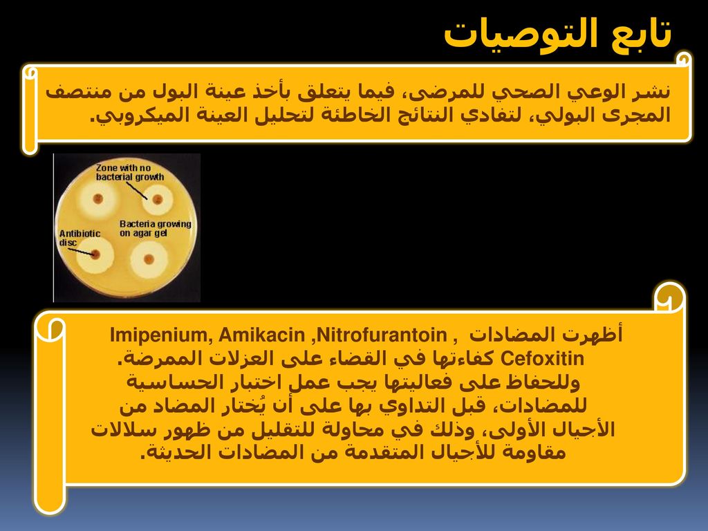 تابع التوصيات نشر الوعي الصحي للمرضى، فيما يتعلق بأخذ عينة البول من منتصف المجرى البولي، لتفادي النتائج الخاطئة لتحليل العينة الميكروبي.