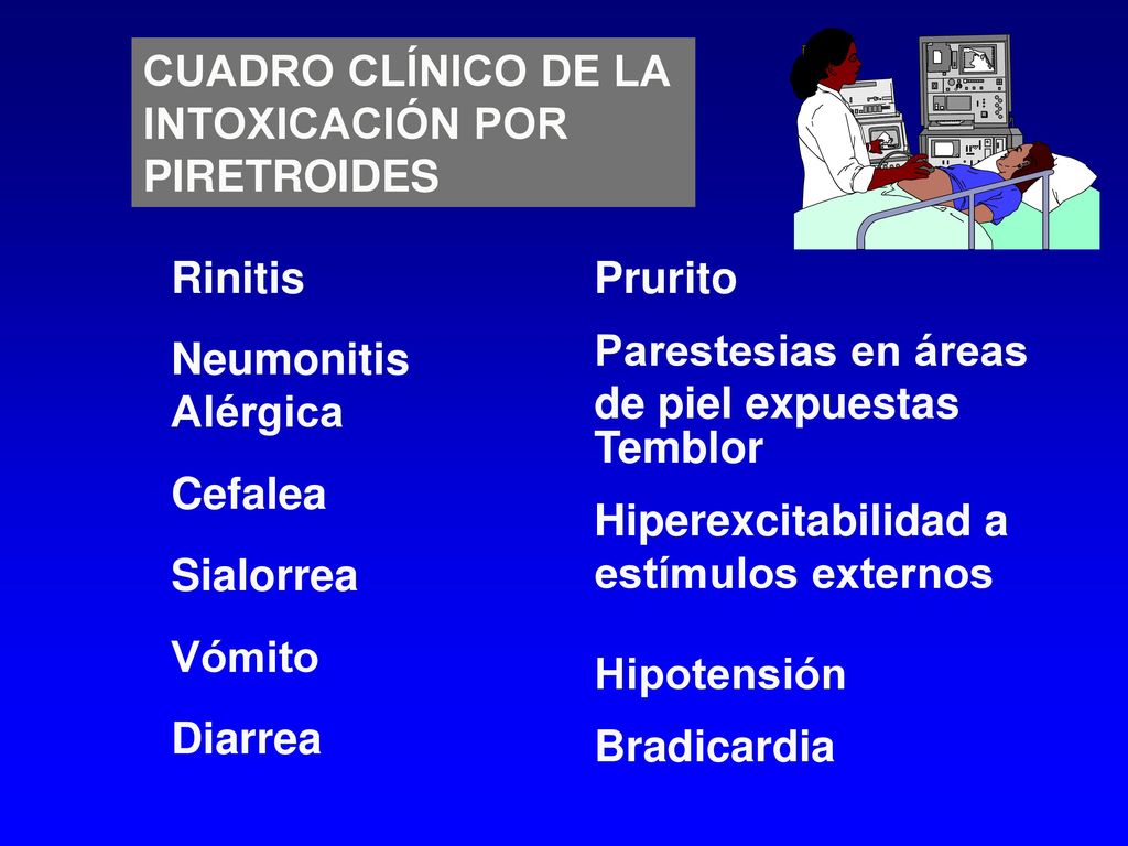 CUADRO CLÍNICO DE LA INTOXICACIÓN POR. PIRETROIDES. Rinitis. Prurito. Parestesias en áreas. de piel expuestas.