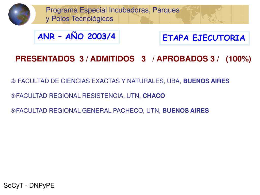 PRESENTADOS 3 / ADMITIDOS 3 / APROBADOS 3 / (100%)