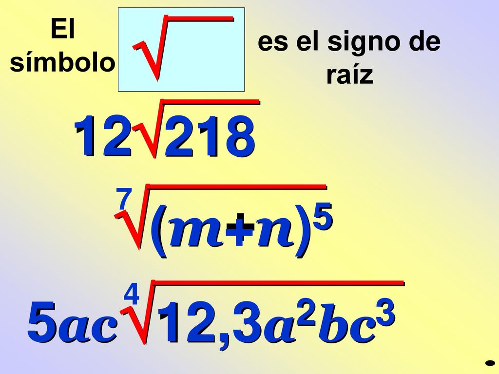  es el signo de raíz El símbolo  (m+n)5 7 12,3a2bc3 4 5ac