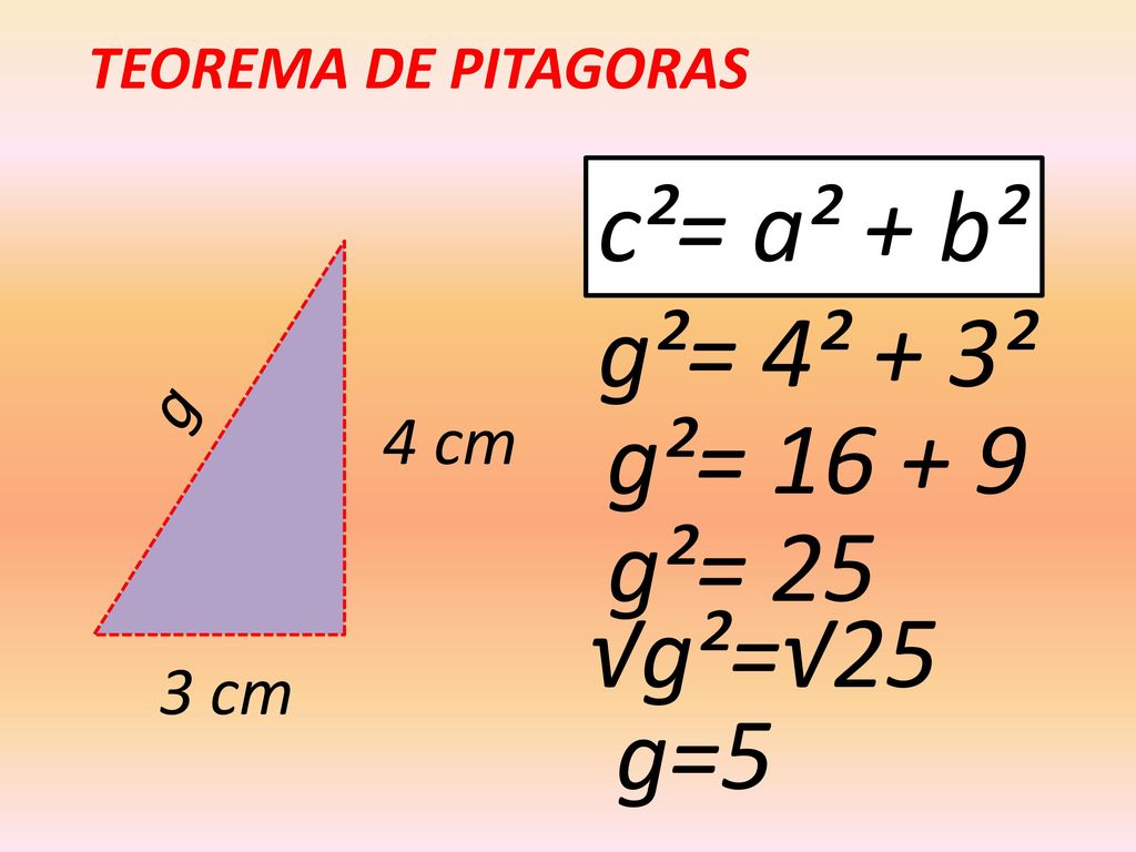 c²= a² + b² g²= 4² + 3² g²= g²= 25 √g²=√25 g=5 g 4 cm 3 cm