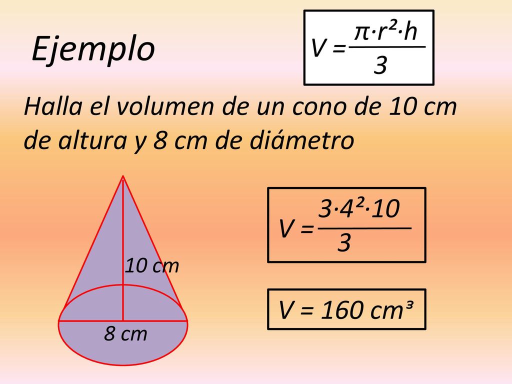 π·r²·h 3. V = Ejemplo. Halla el volumen de un cono de 10 cm de altura y 8 cm de diámetro. 3·4²·10.