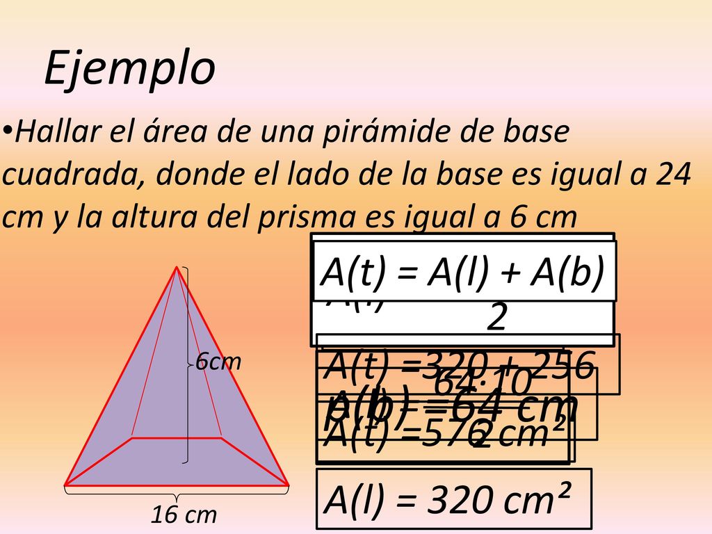 Ejemplo p(b) =16·4 p(b) =64 cm p(b)·ap(l) A(t) = A(l) + A(b) 2 A(l) =