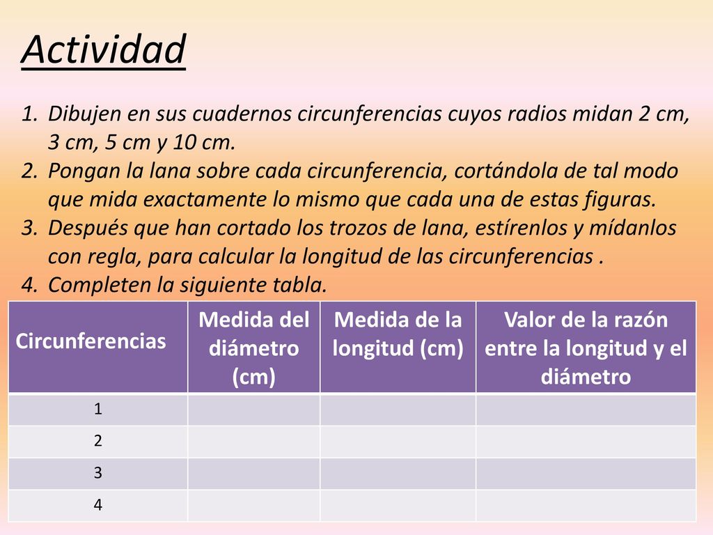 Actividad Dibujen en sus cuadernos circunferencias cuyos radios midan 2 cm, 3 cm, 5 cm y 10 cm.