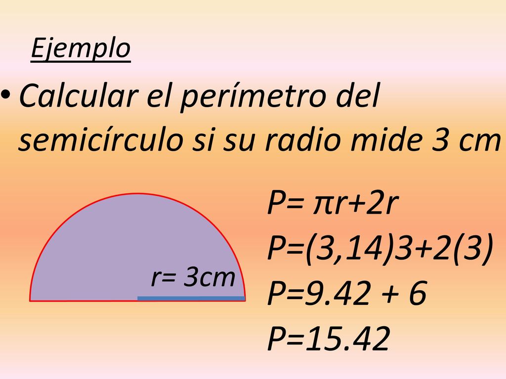 Ejemplo Calcular el perímetro del semicírculo si su radio mide 3 cm. P= πr+2r. P=(3,14)3+2(3) P=