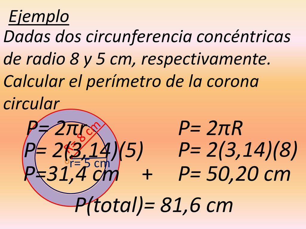 P= 2πr P= 2πR P= 2(3,14)(5) P= 2(3,14)(8) P=31,4 cm + P= 50,20 cm