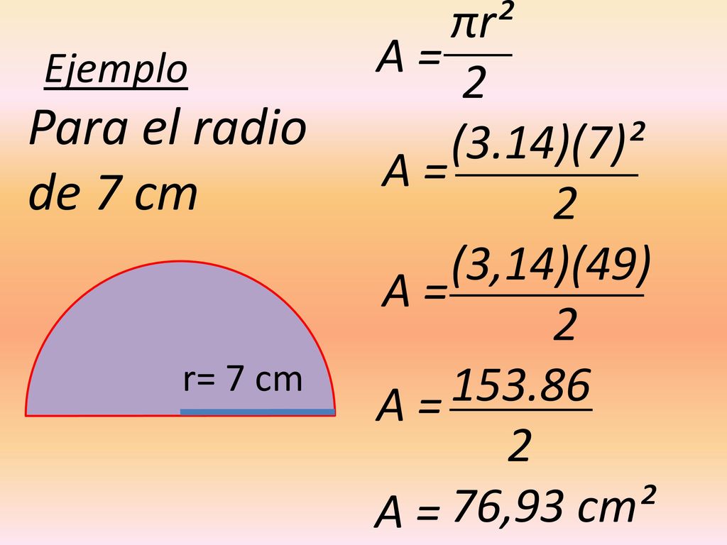 Para el radio de 7 cm πr² 2 A = (3.14)(7)² (3,14)(49) A =