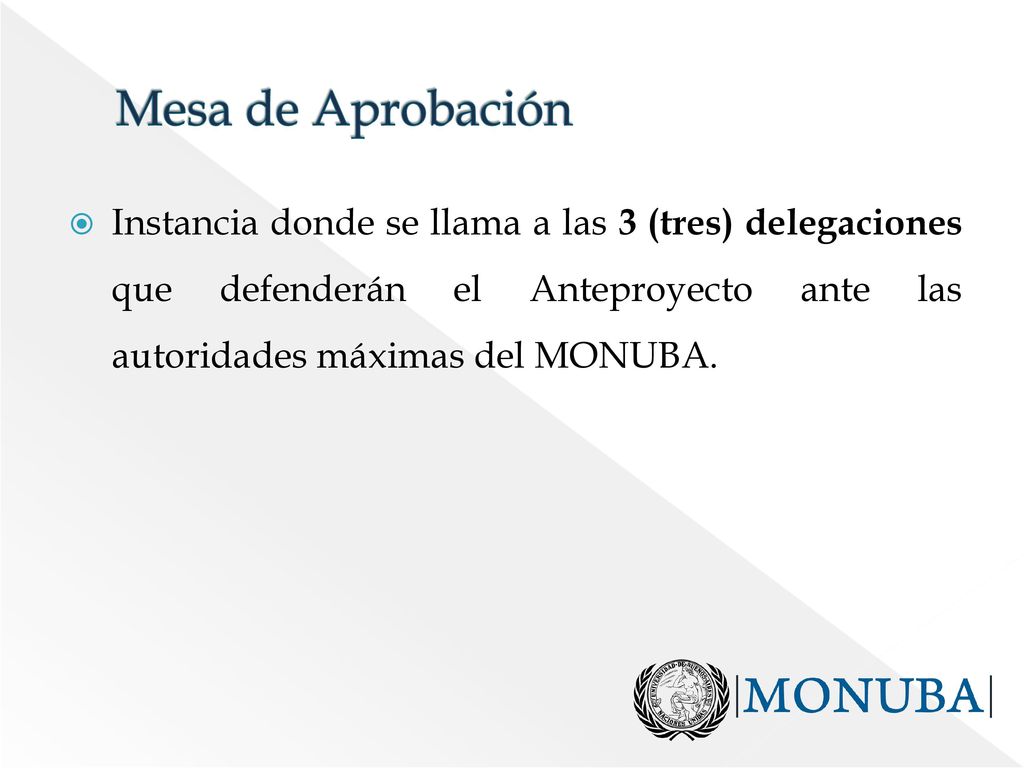 Mesa de Aprobación Instancia donde se llama a las 3 (tres) delegaciones que defenderán el Anteproyecto ante las autoridades máximas del MONUBA.