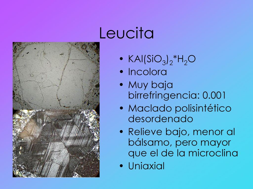 Leucita KAl(SiO3)2*H2O Incolora Muy baja birrefringencia: 0.001