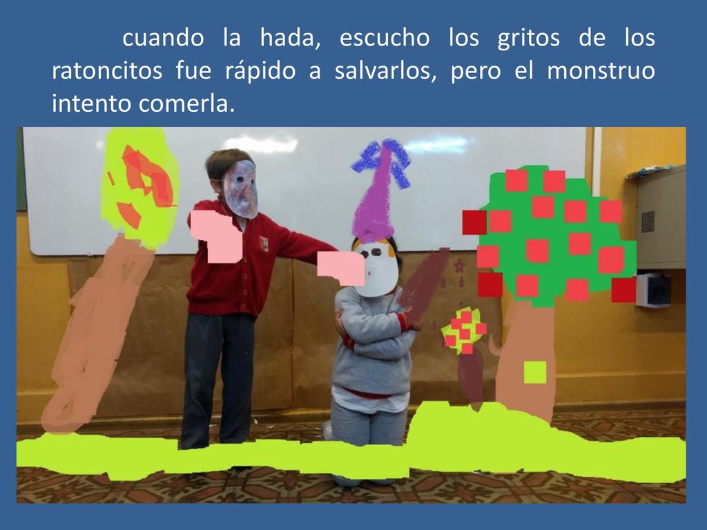 cuando la hada, escucho los gritos de los ratoncitos fue rápido a salvarlos, pero el monstruo intento comerla.