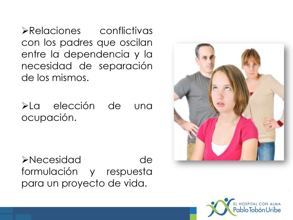 Relaciones conflictivas con los padres que oscilan entre la dependencia y la necesidad de separación de los mismos.