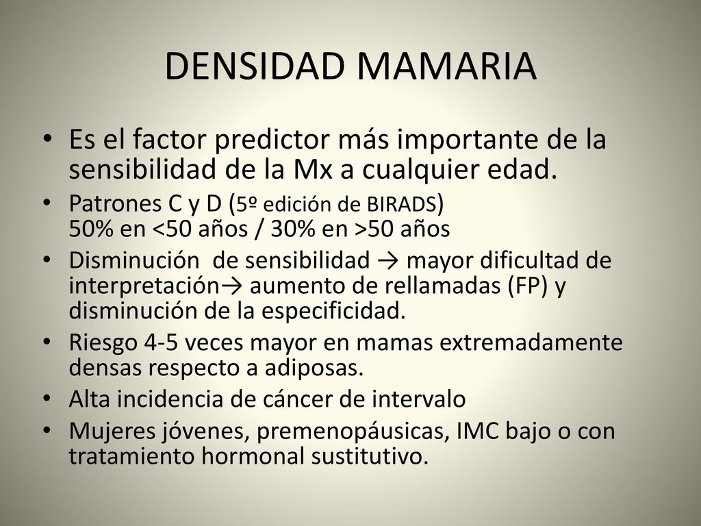 DENSIDAD MAMARIA Es el factor predictor más importante de la sensibilidad de la Mx a cualquier edad.