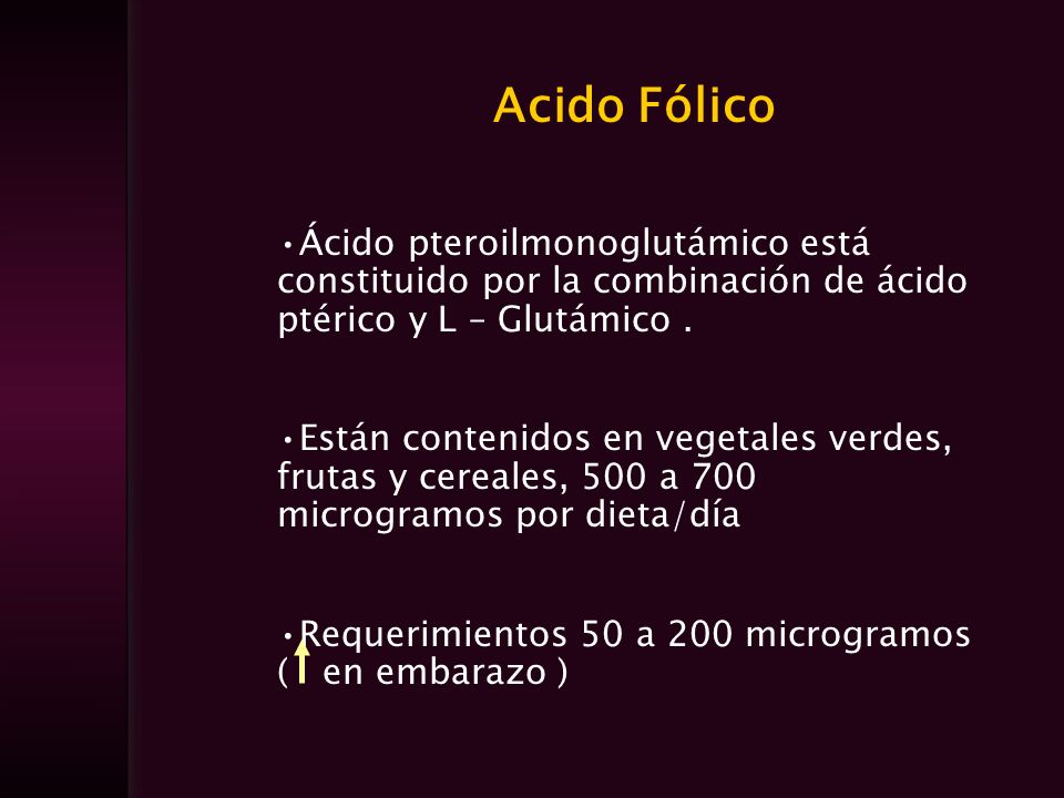 Acido Fólico Ácido pteroilmonoglutámico está constituido por la combinación de ácido ptérico y L – Glutámico .