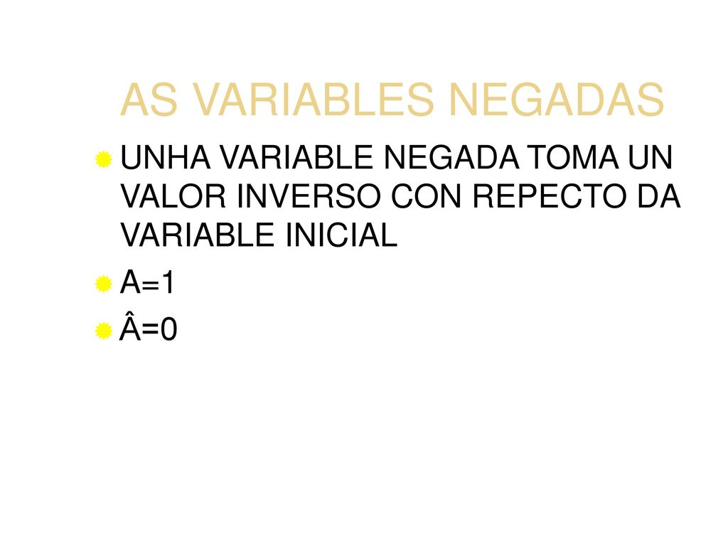 AS VARIABLES NEGADAS UNHA VARIABLE NEGADA TOMA UN VALOR INVERSO CON REPECTO DA VARIABLE INICIAL. A=1.