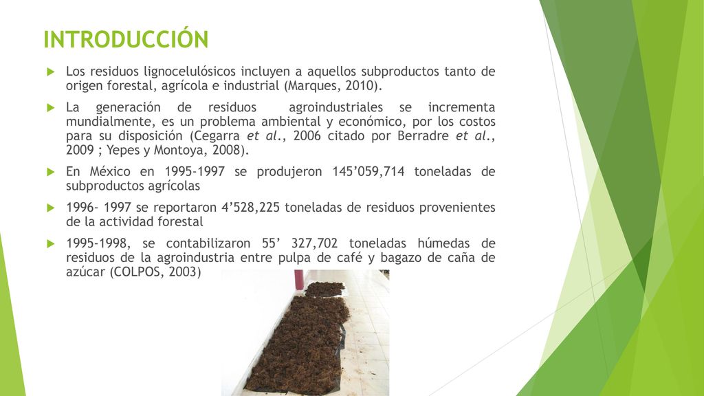 INTRODUCCIÓN Los residuos lignocelulósicos incluyen a aquellos subproductos tanto de origen forestal, agrícola e industrial (Marques, 2010).