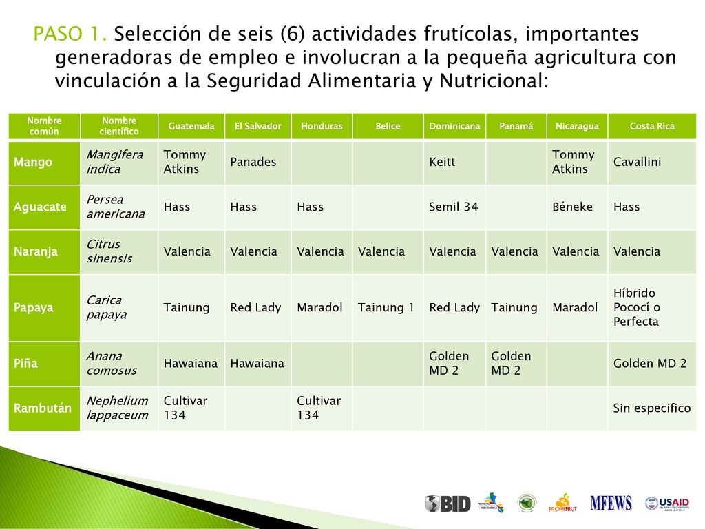 PASO 1. Selección de seis (6) actividades frutícolas, importantes generadoras de empleo e involucran a la pequeña agricultura con vinculación a la Seguridad Alimentaria y Nutricional: