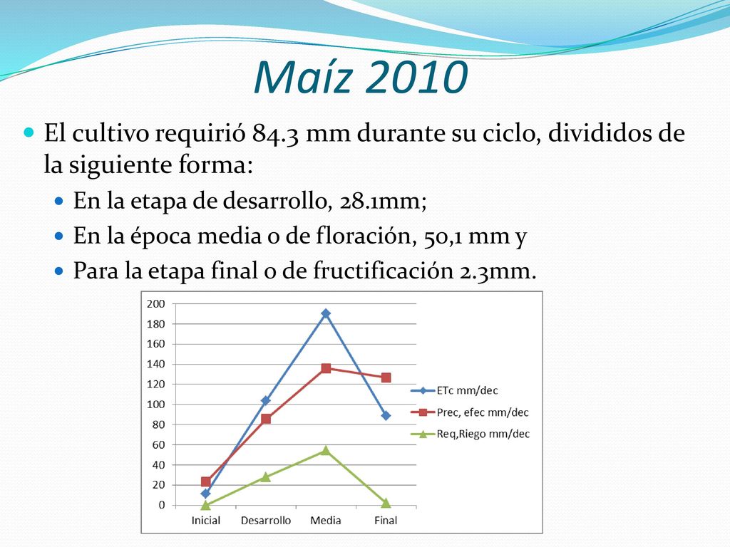 Maíz 2010 El cultivo requirió 84.3 mm durante su ciclo, divididos de la siguiente forma: En la etapa de desarrollo, 28.1mm;