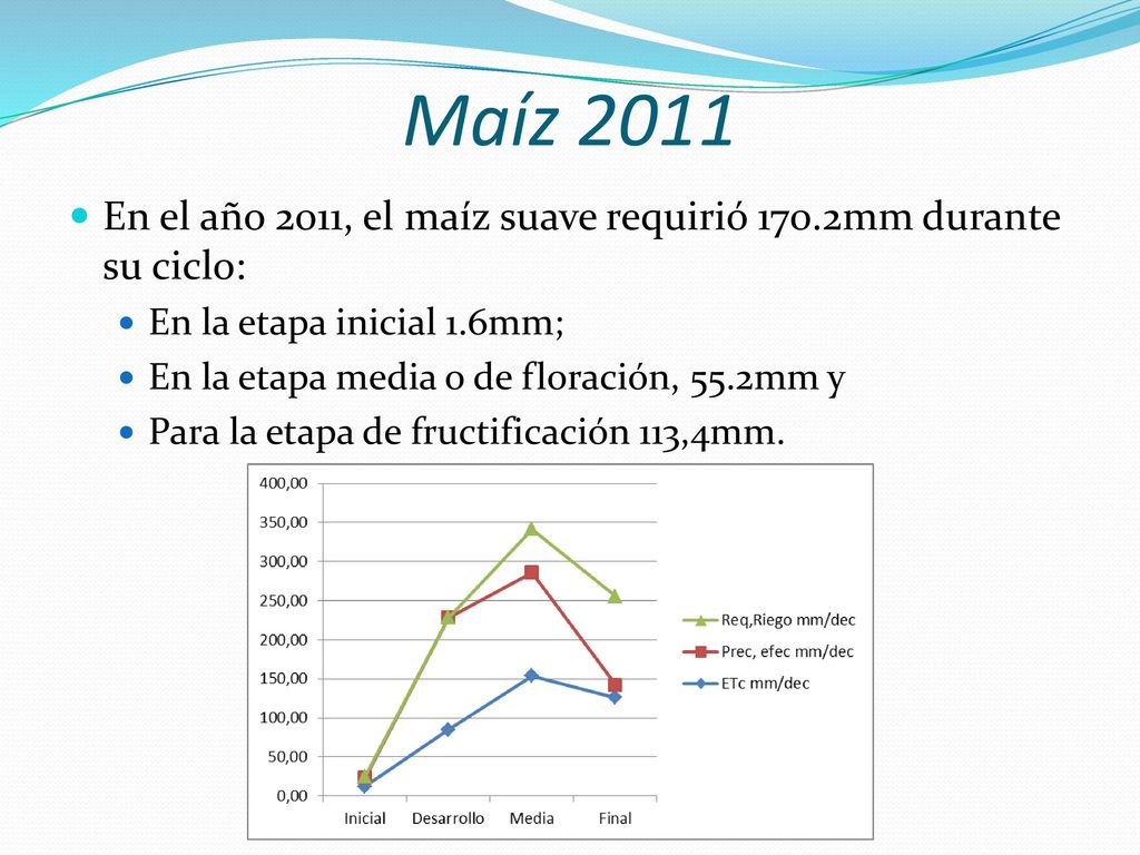 Maíz 2011 En el año 2011, el maíz suave requirió 170.2mm durante su ciclo: En la etapa inicial 1.6mm;