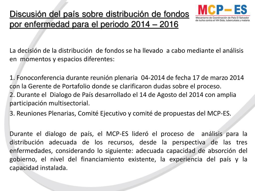 Discusión del país sobre distribución de fondos por enfermedad para el periodo 2014 – 2016