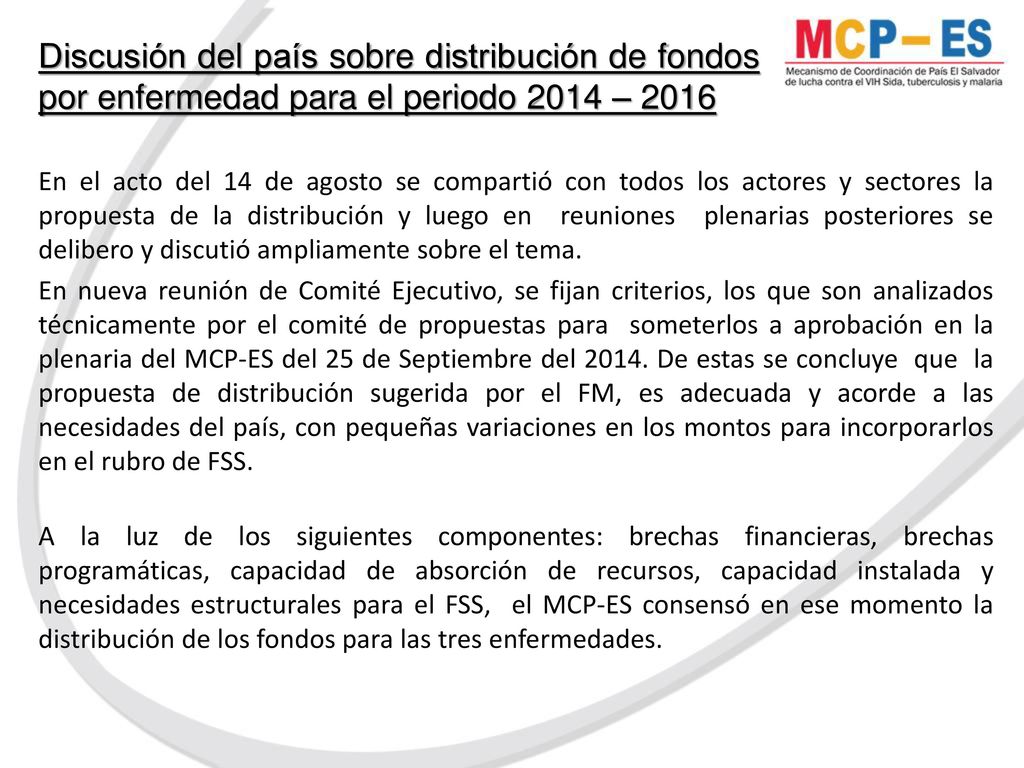 Discusión del país sobre distribución de fondos por enfermedad para el periodo 2014 – 2016