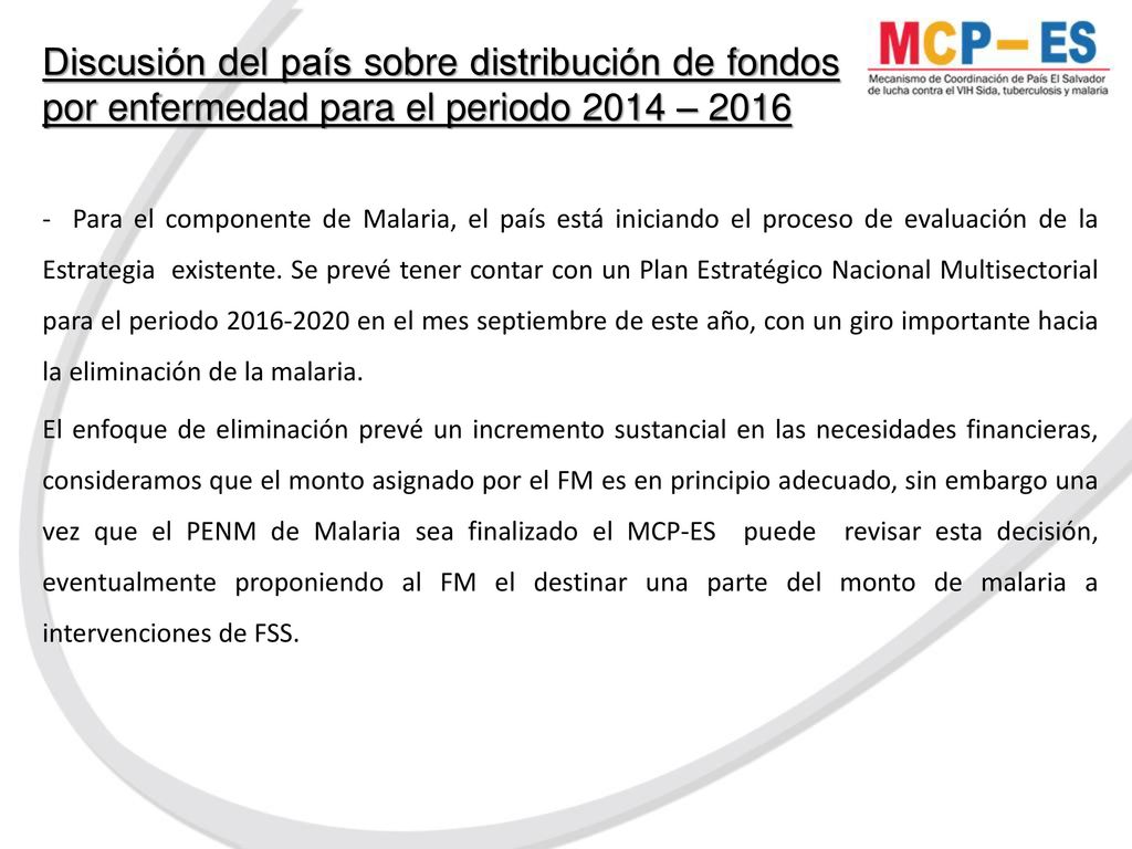Discusión del país sobre distribución de fondos por enfermedad para el periodo 2014 – 2016